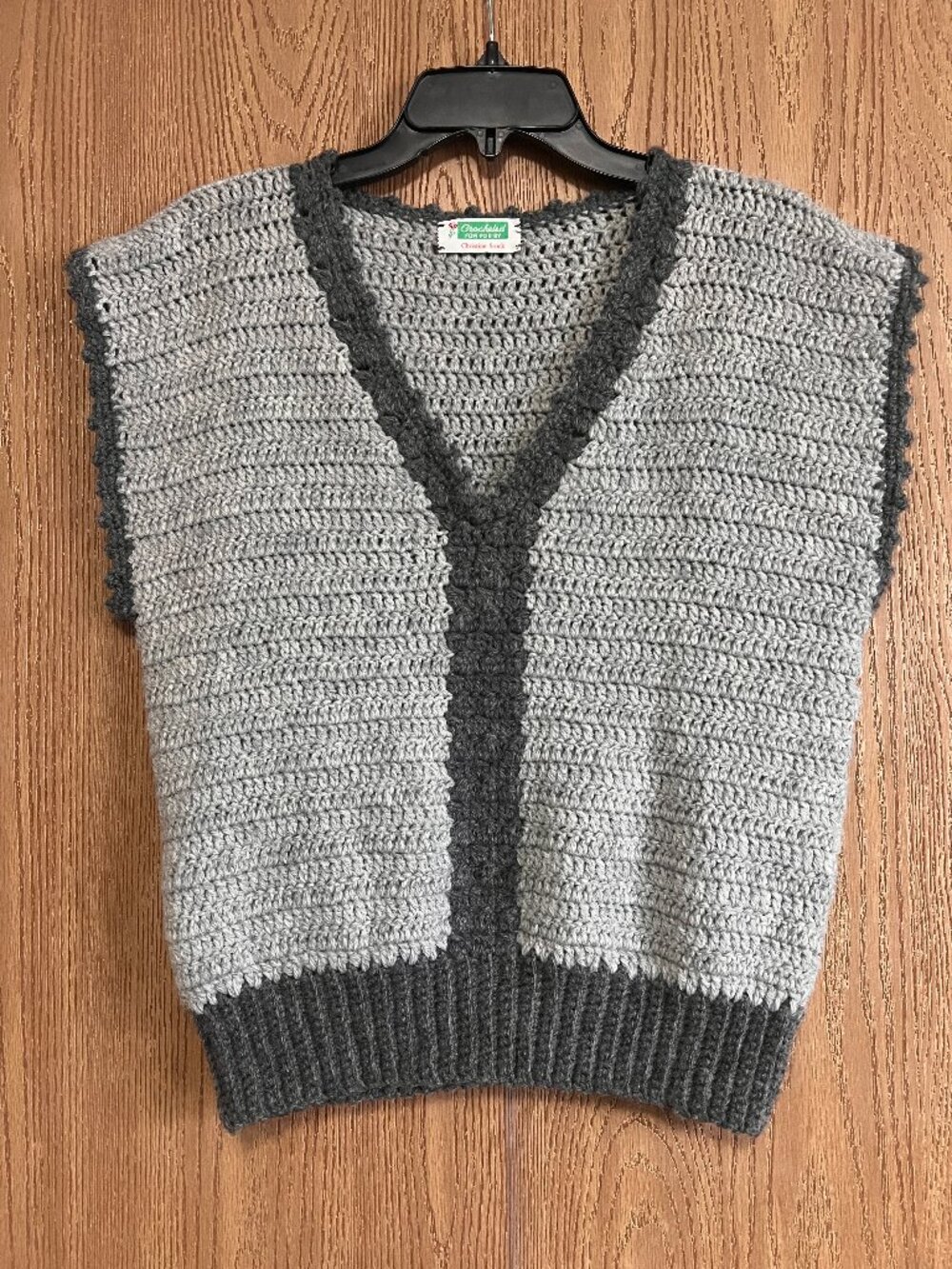 Handmade Crochet Sweater Vest Grey Colorblock V-Neck Fits S/M